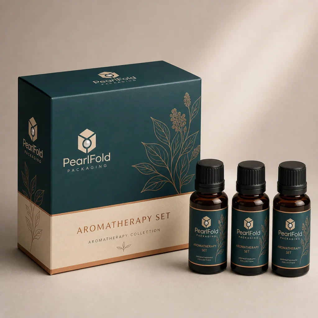 Custom aromatherapy set box with matching product in a square studio photograph