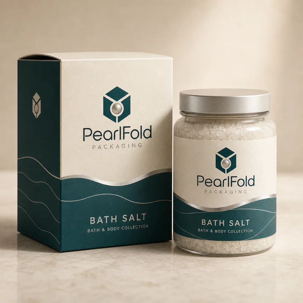 Custom bath salt box with matching product in a square studio photograph