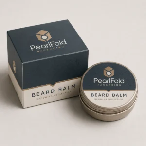 Custom beard balm box with matching product in a square studio photograph