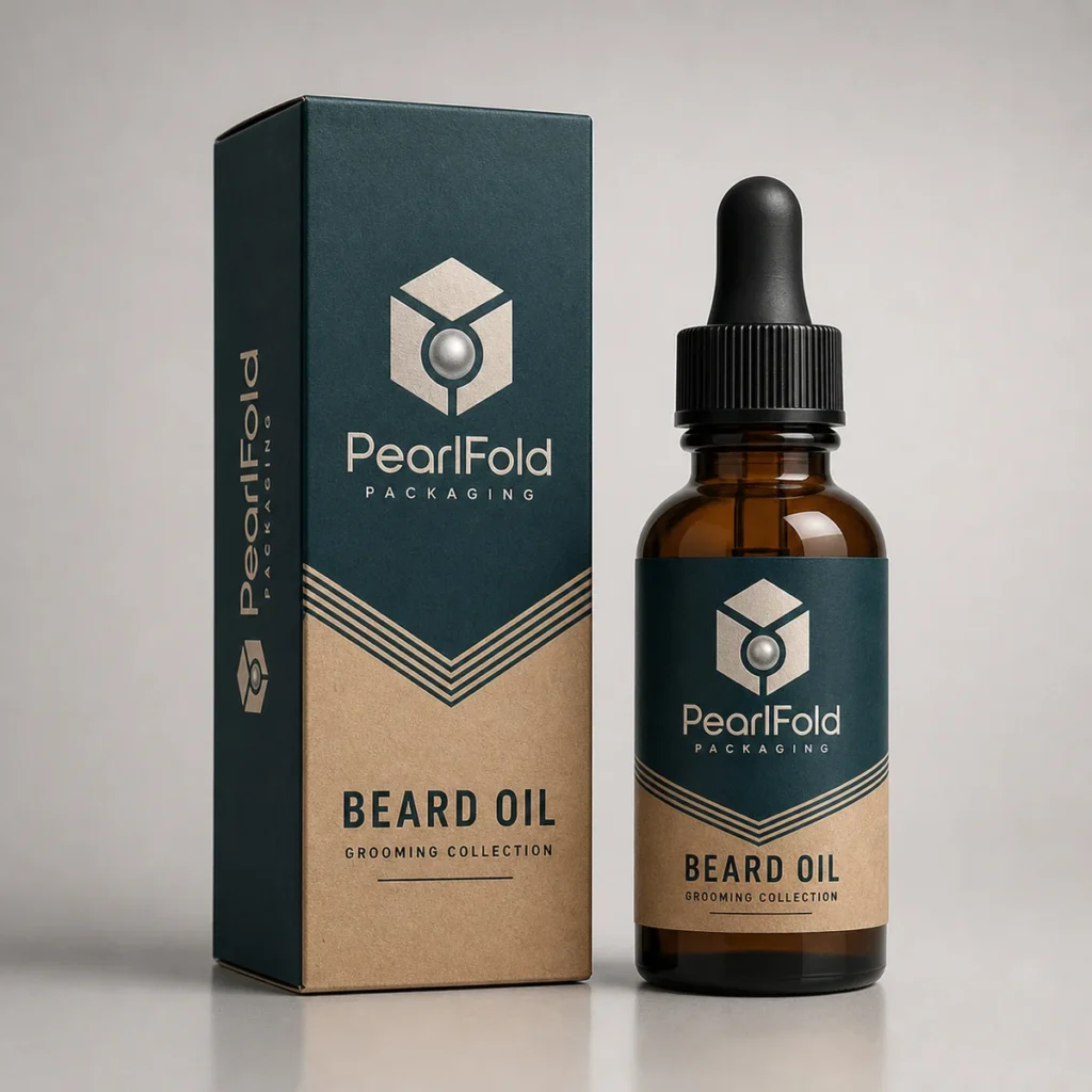 Custom beard oil box with matching product in a square studio photograph