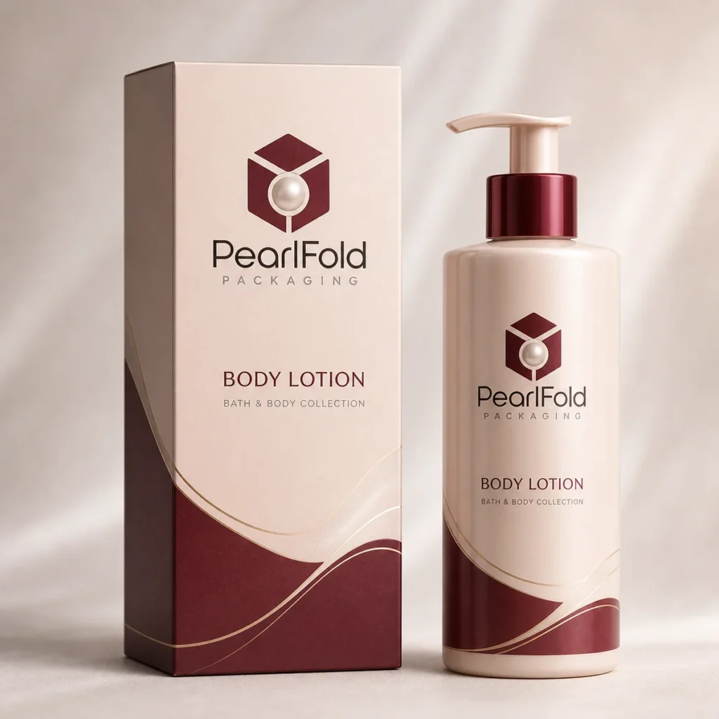 Custom body lotion box with matching product in a square studio photograph