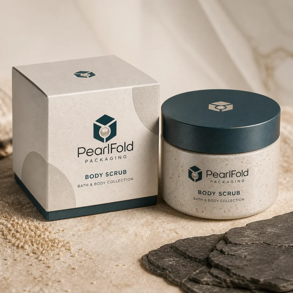 Custom body scrub box with matching product in a square studio photograph