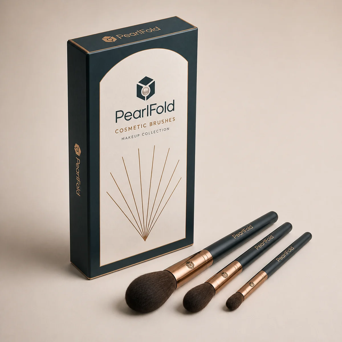 Custom cosmetic brush packaging shown from a three-quarter side angle