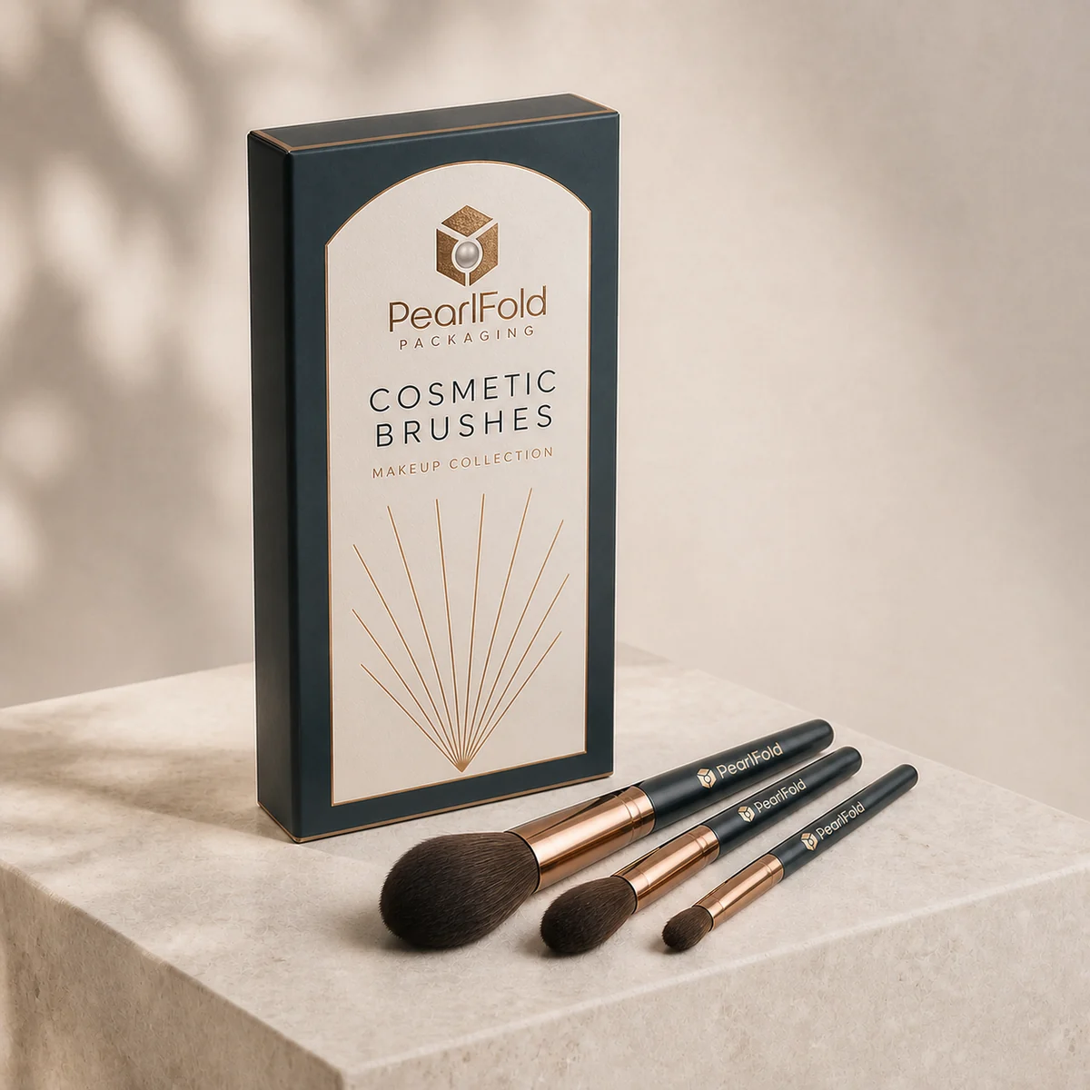 Custom cosmetic brush box in a premium square retail styling scene