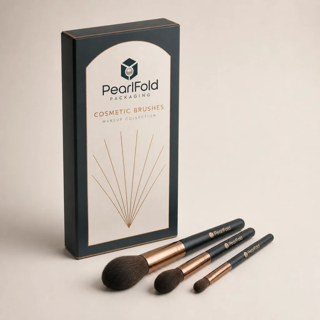 Custom cosmetic brush box with matching product in a square studio photograph