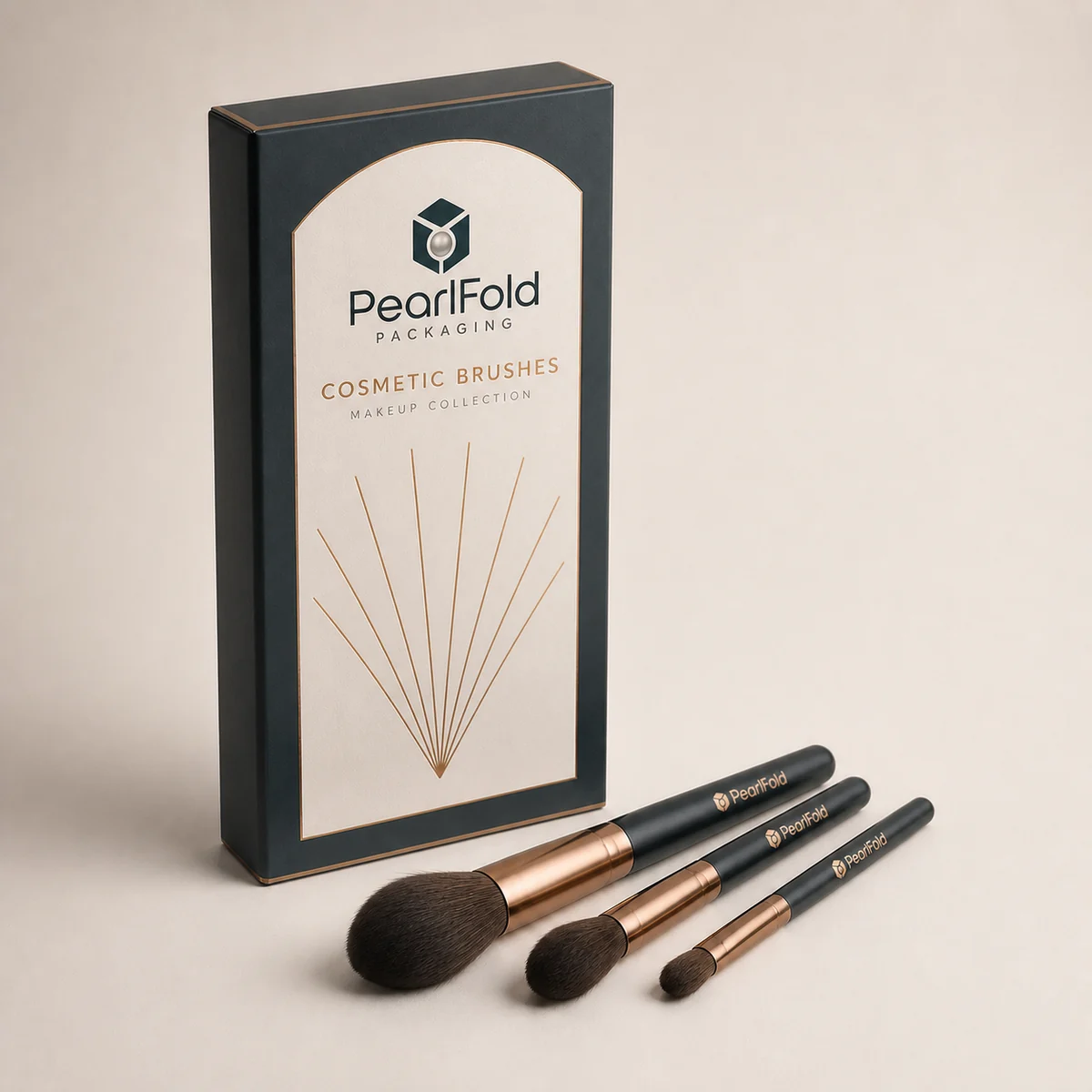 Custom cosmetic brush box with matching product in a square studio photograph