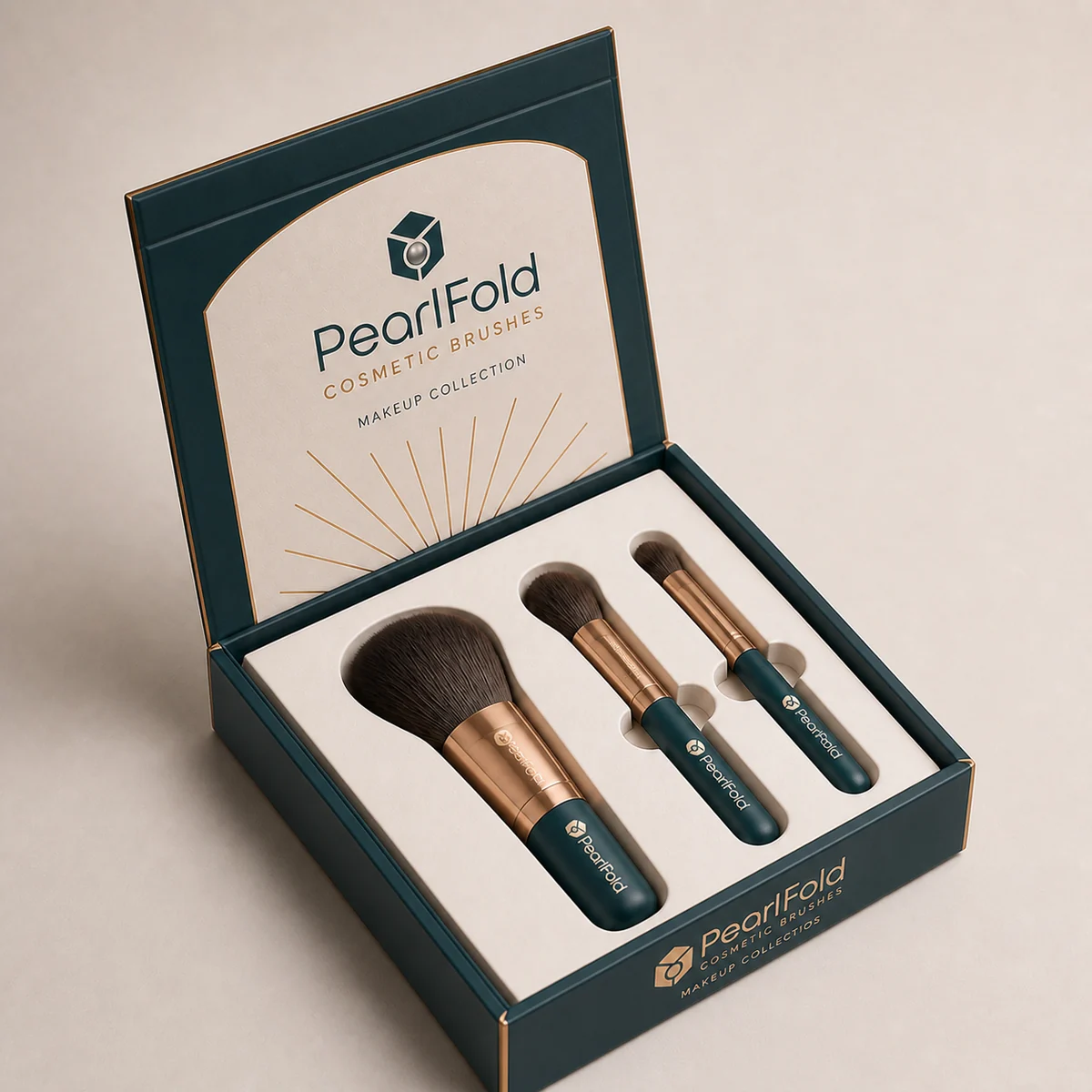 Open custom cosmetic brush box showing its fitted insert and product presentation