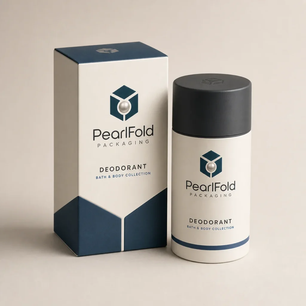 Custom deodorant box with matching product in a square studio photograph