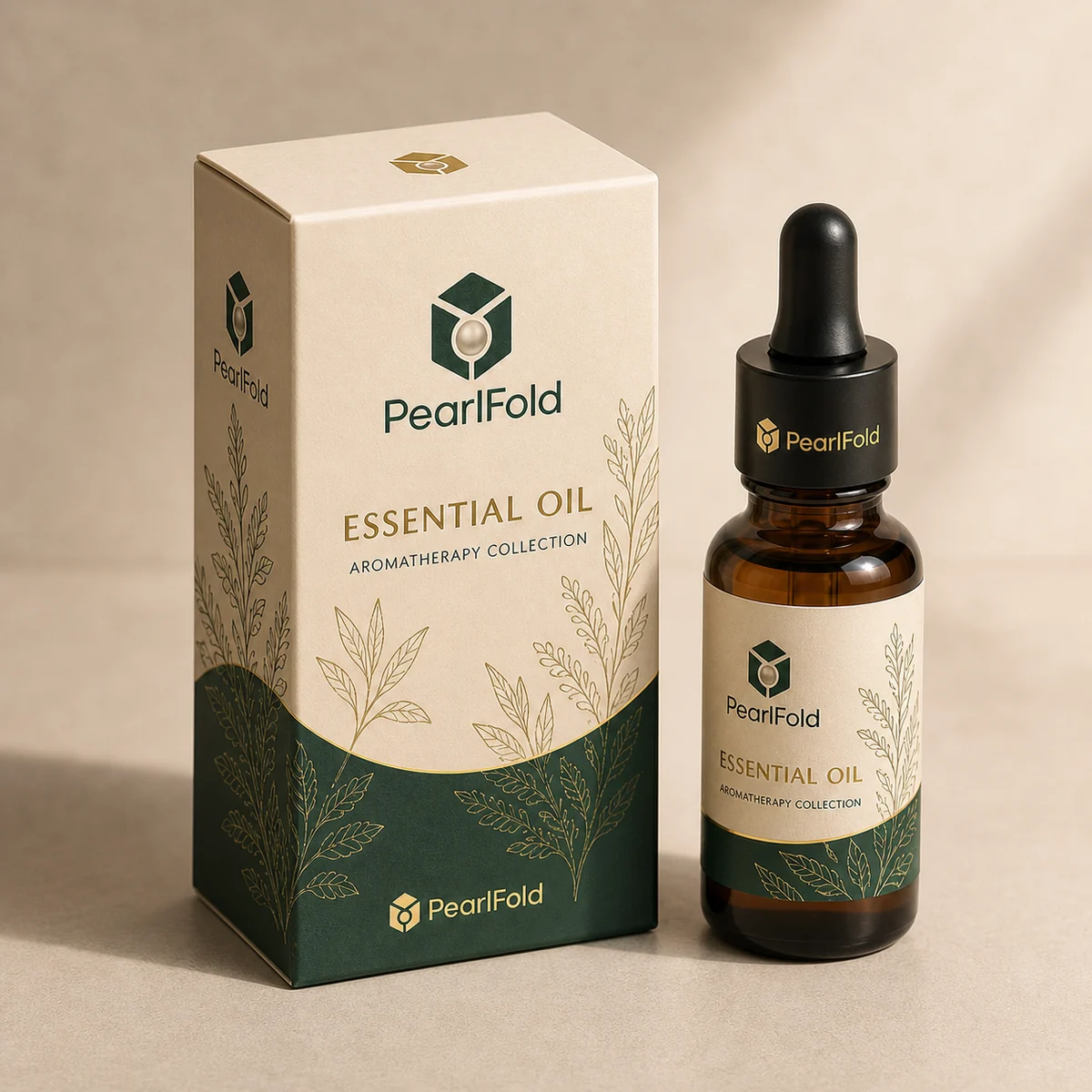 Custom essential oil packaging shown from a three-quarter side angle