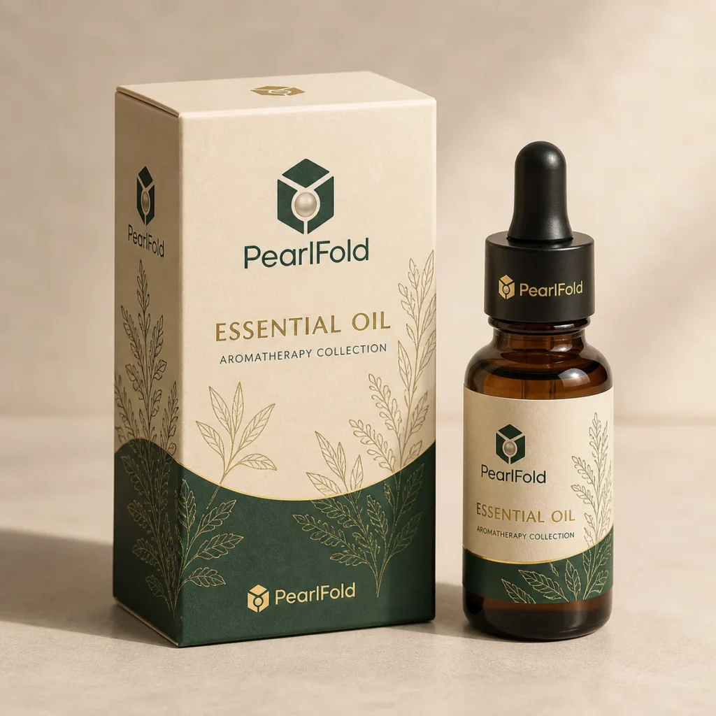 Custom essential oil box with matching product in a square studio photograph