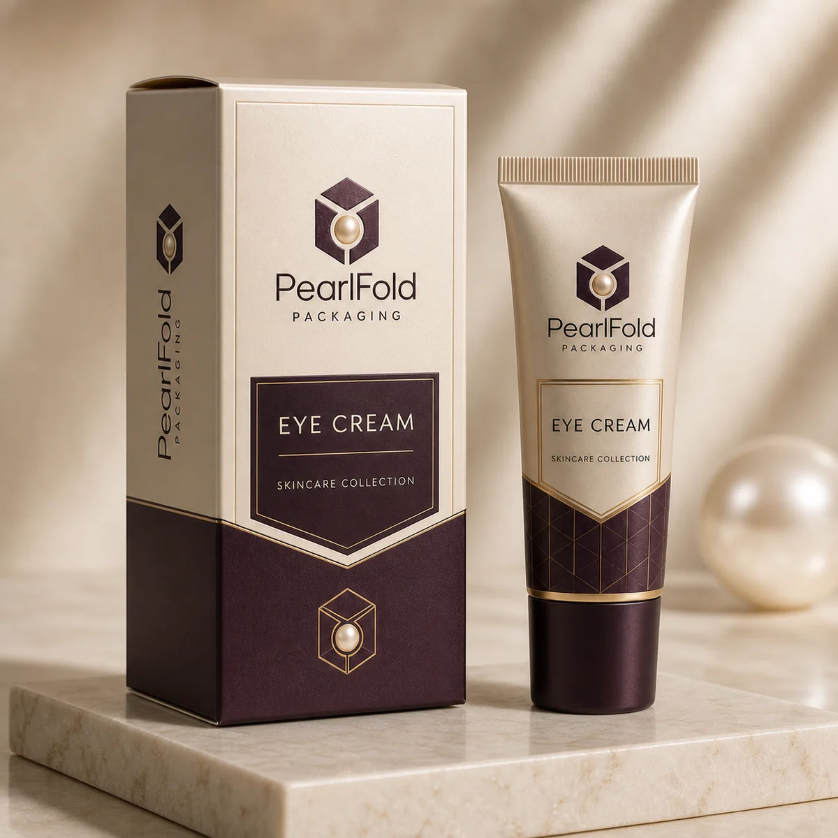 Custom eye cream box in a premium square retail styling scene