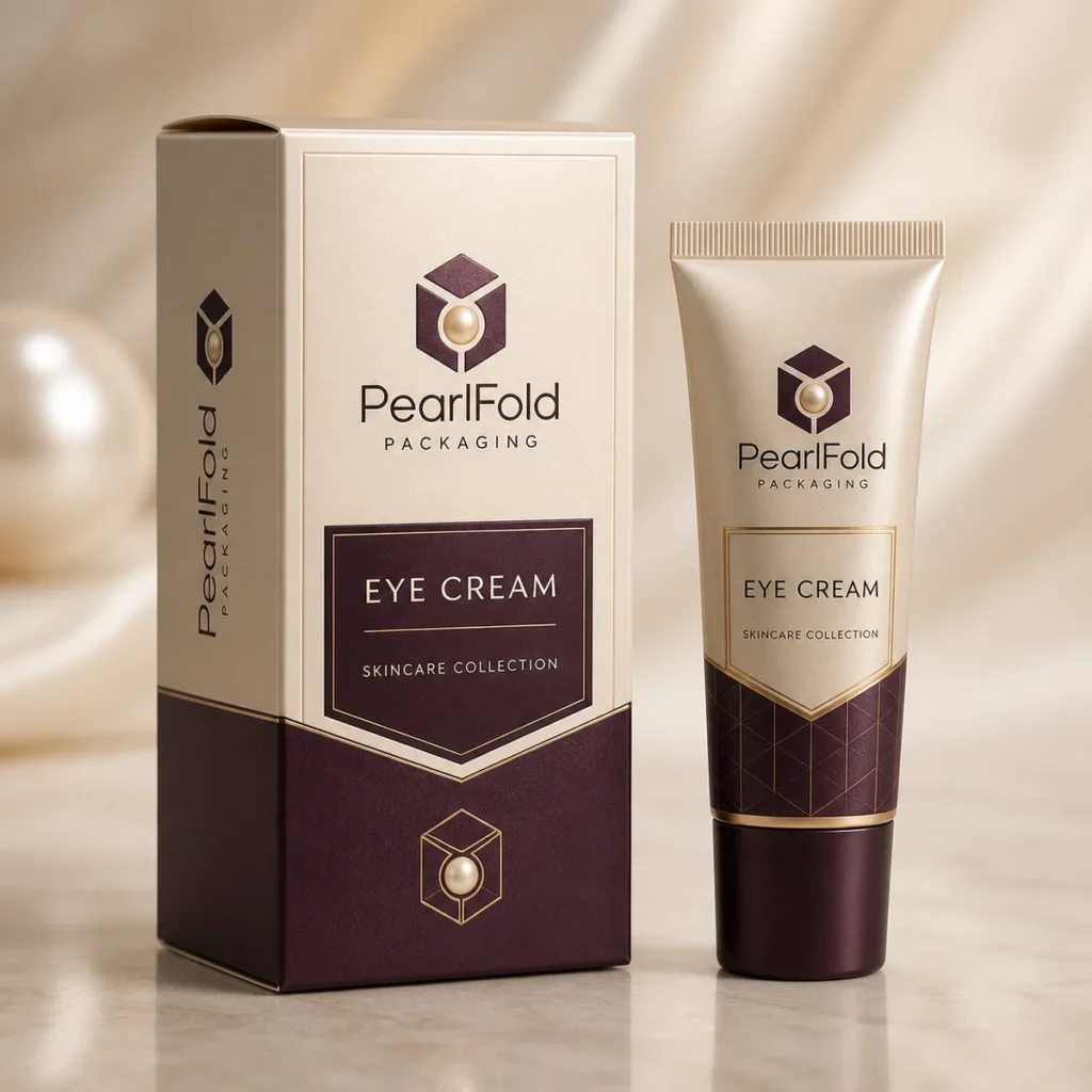 Custom eye cream box with matching product in a square studio photograph