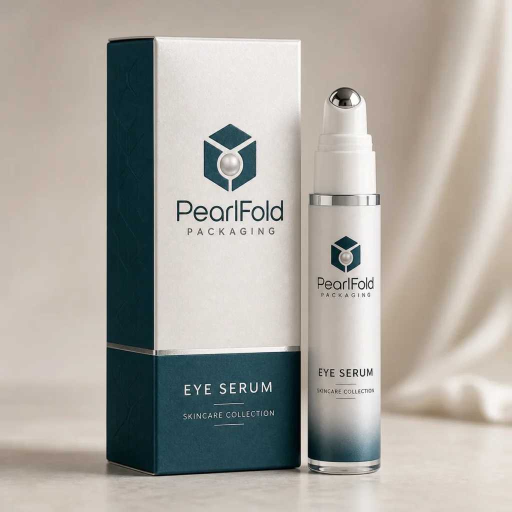 Custom eye serum box with matching product in a square studio photograph