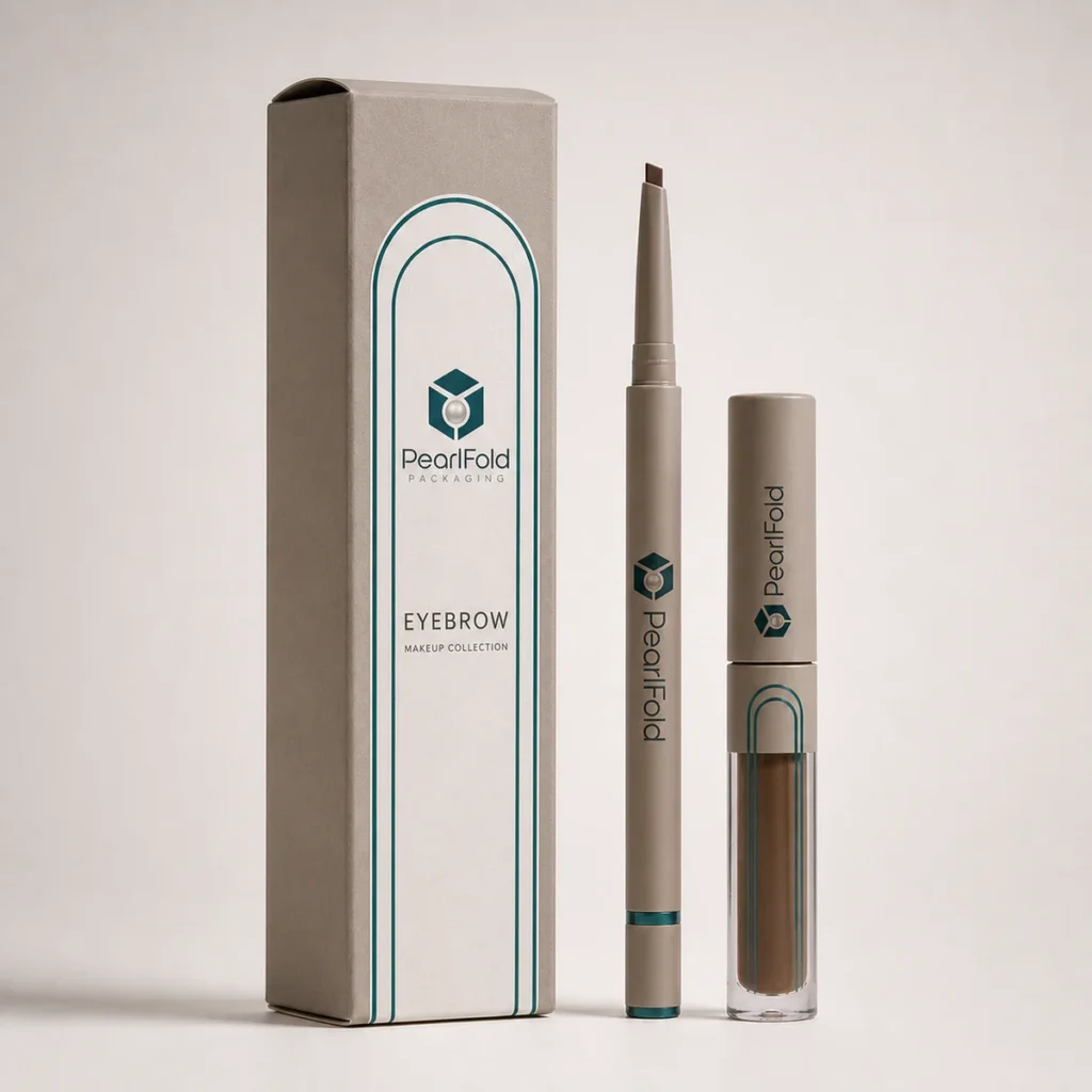 Custom eyebrow product box with matching product in a square studio photograph