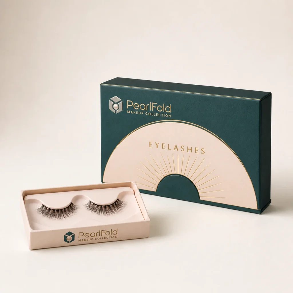 Custom eyelash box with matching product in a square studio photograph