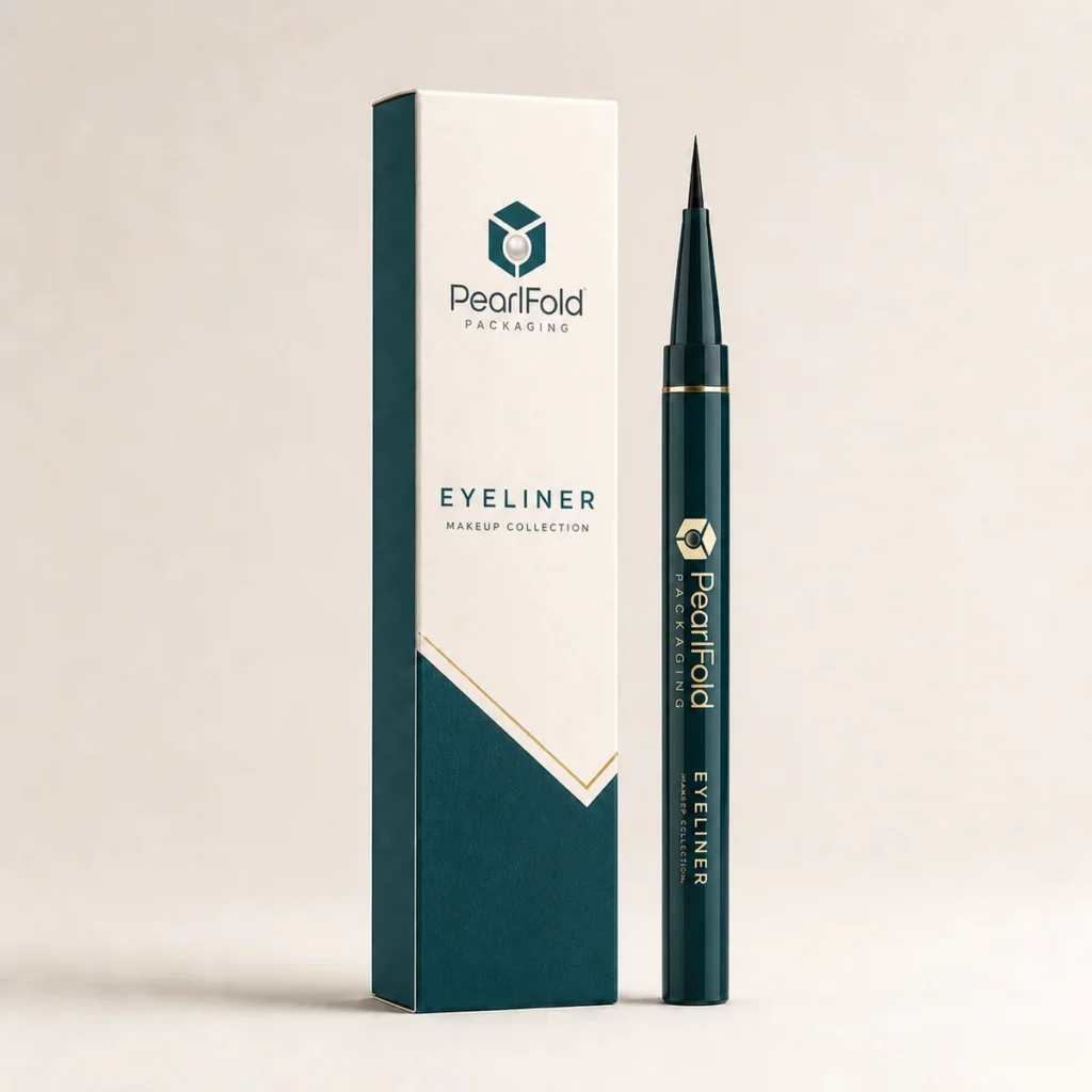 Custom eyeliner box with matching product in a square studio photograph