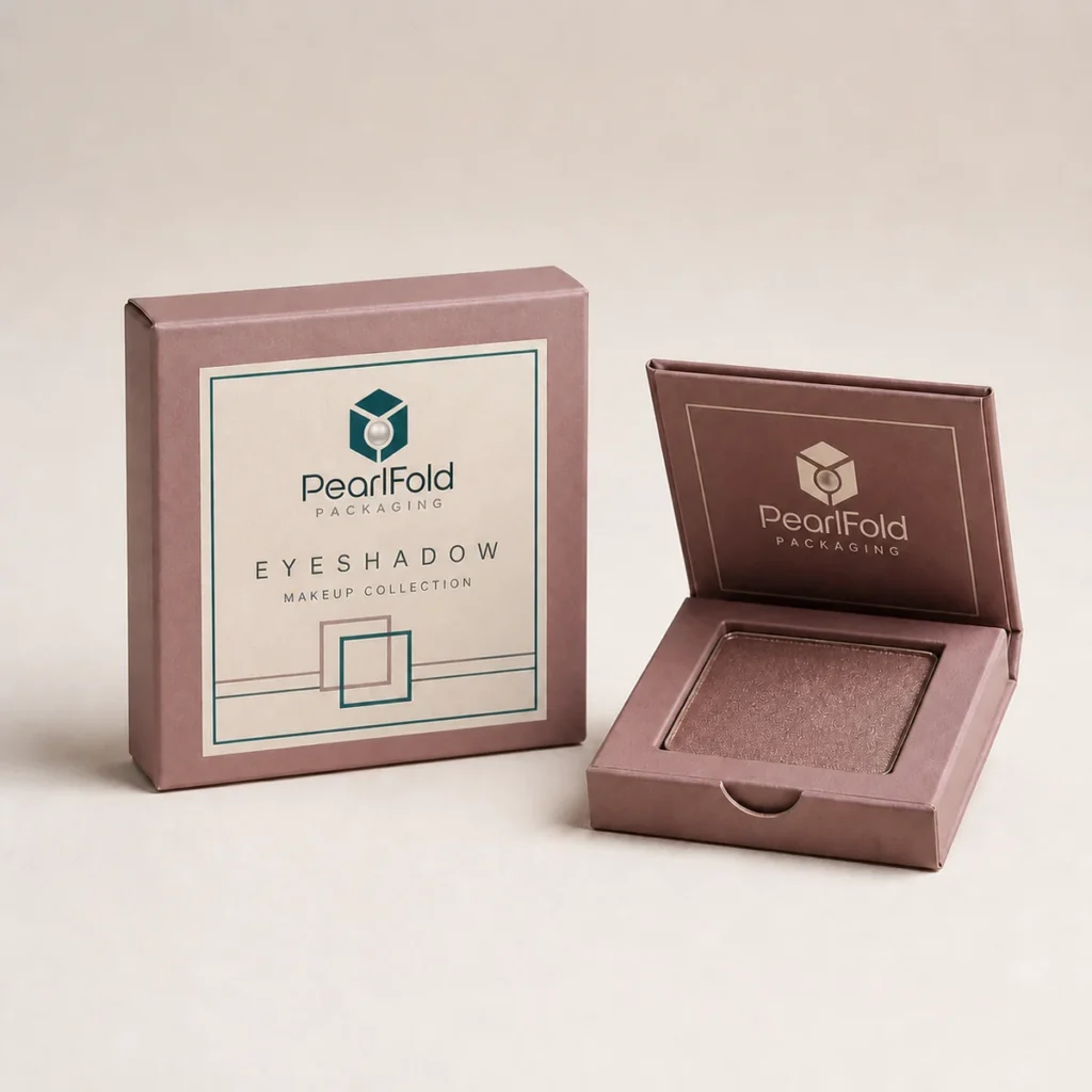 Custom eyeshadow box with matching product in a square studio photograph