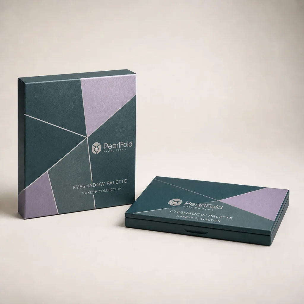 Custom eyeshadow palette box with matching product in a square studio photograph