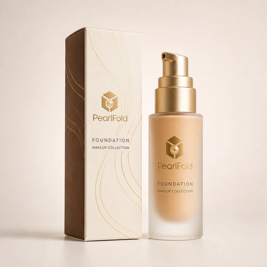 Custom foundation box with matching product in a square studio photograph