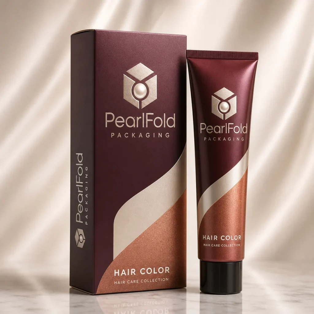 Custom hair color box with matching product in a square studio photograph