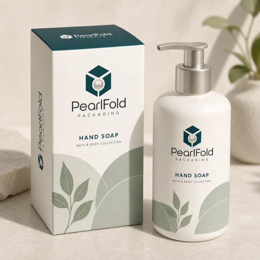 Custom hand soap box with matching product in a square studio photograph