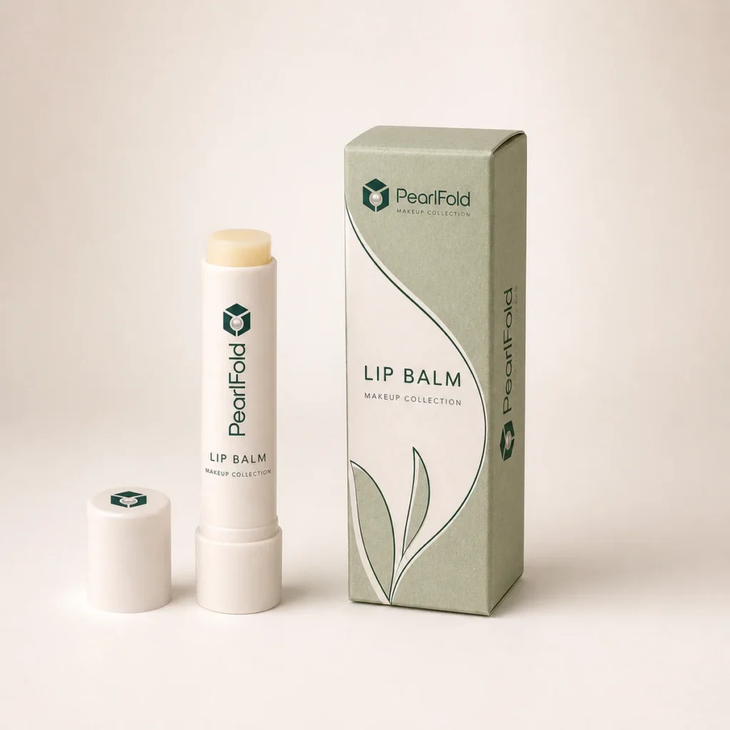 Custom lip balm box with matching product in a square studio photograph