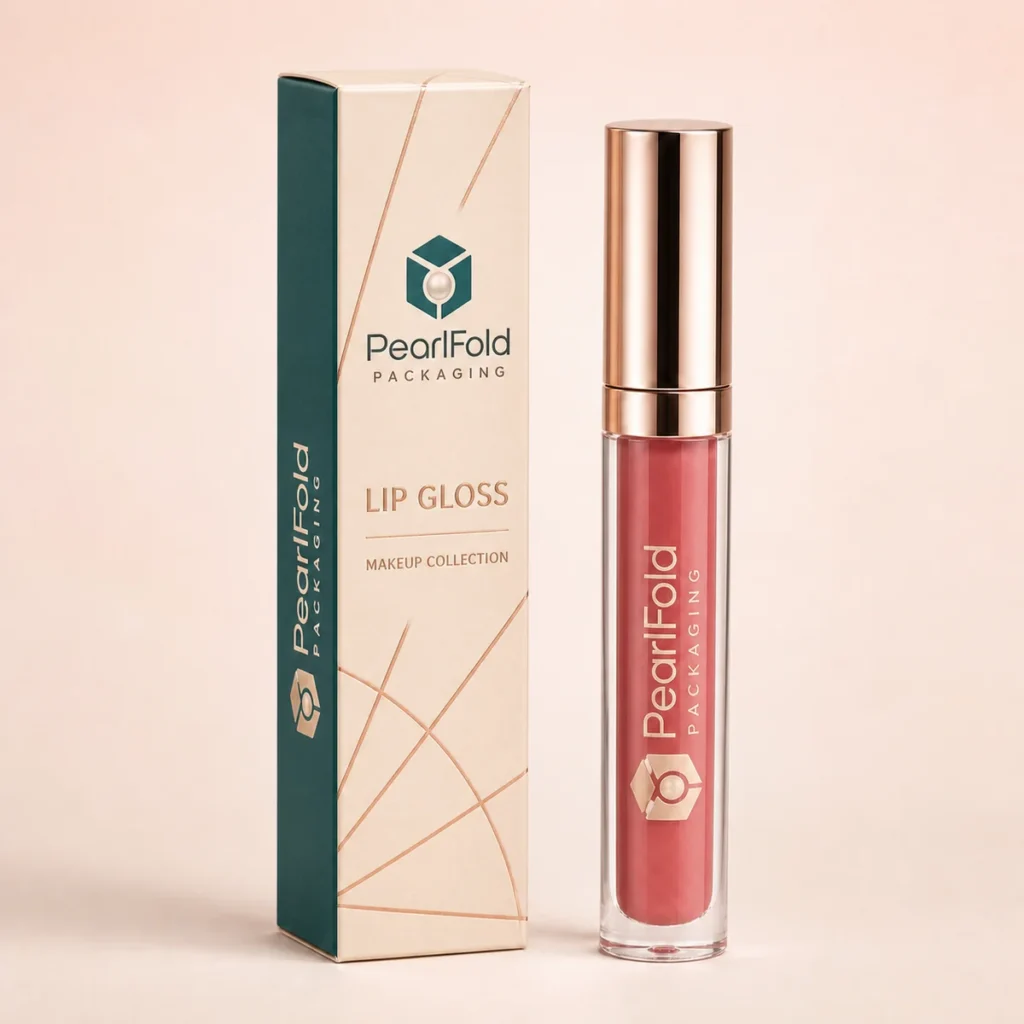 Custom lip gloss box with matching product in a square studio photograph