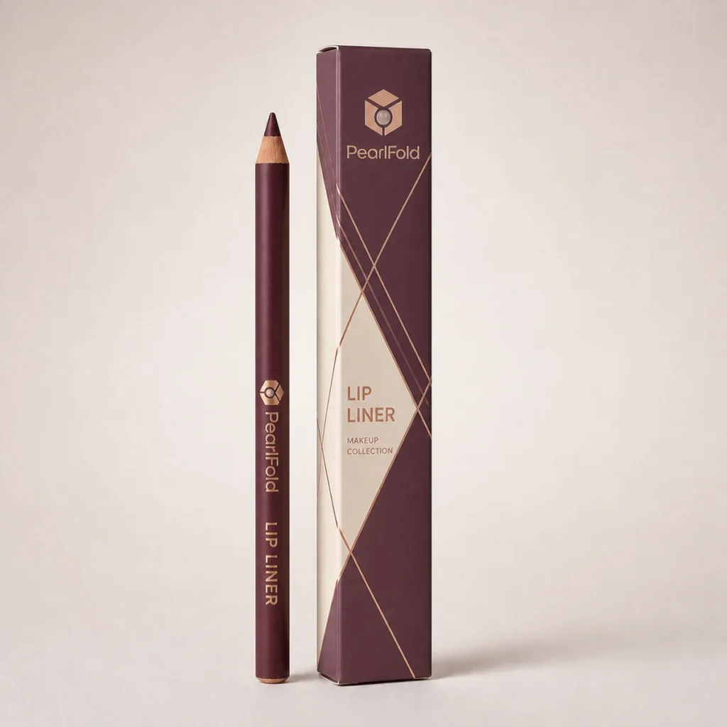 Custom lip liner box with matching product in a square studio photograph