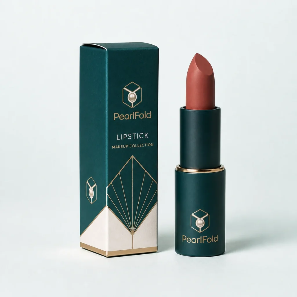 Custom lipstick box with matching product in a square studio photograph