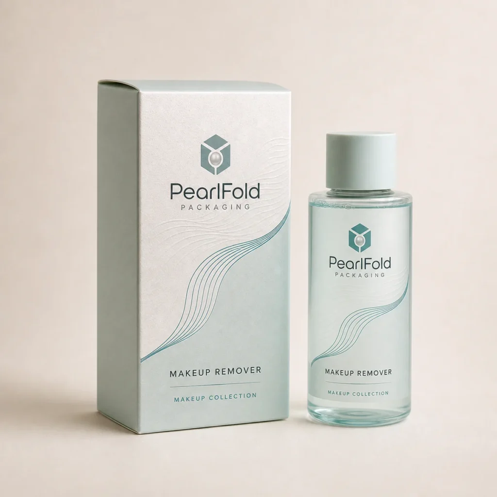 Custom makeup remover box with matching product in a square studio photograph