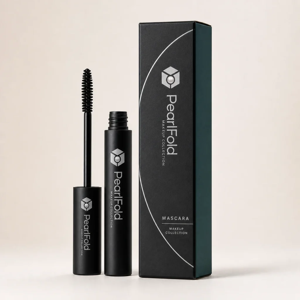 Custom mascara box with matching product in a square studio photograph