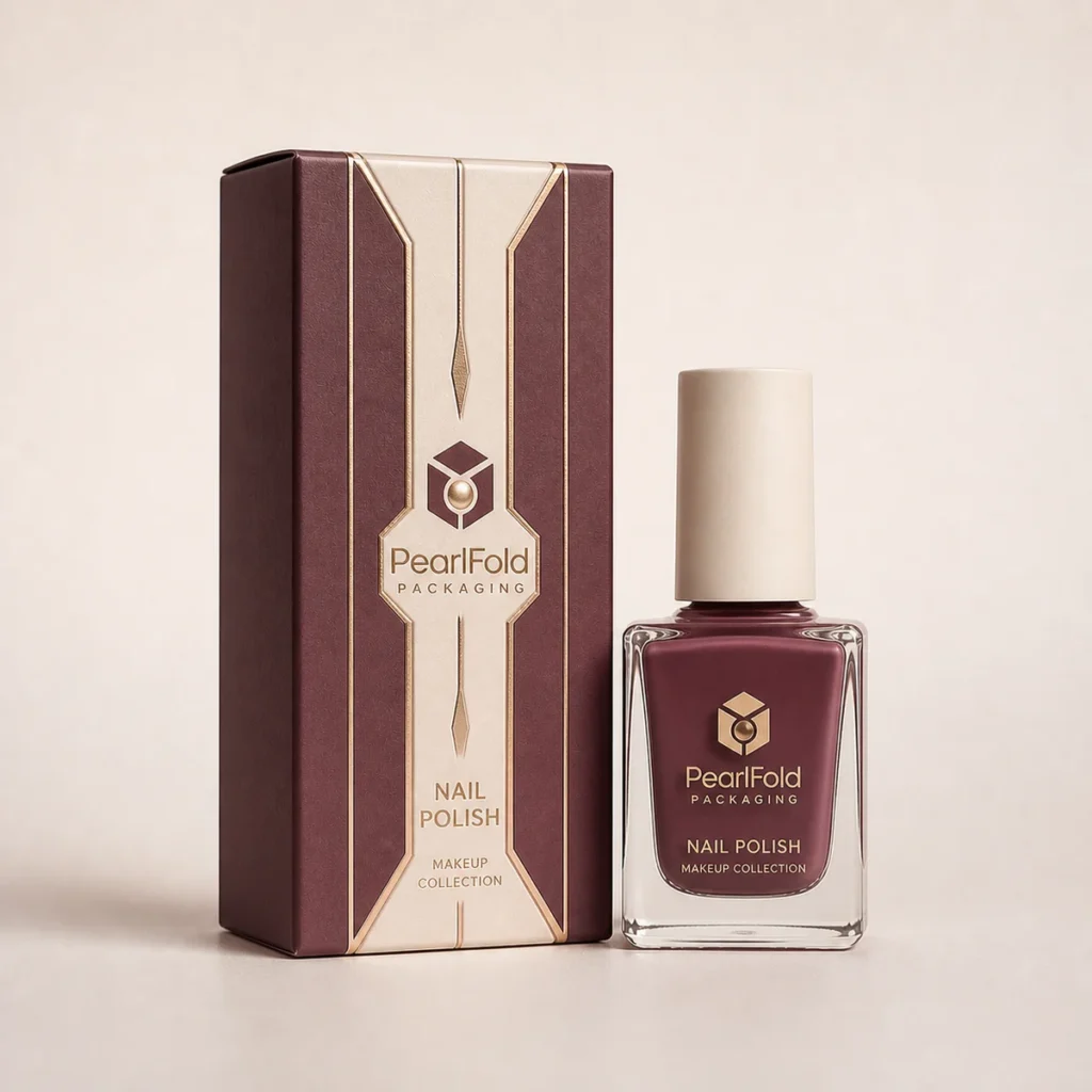 Custom nail polish box with matching product in a square studio photograph