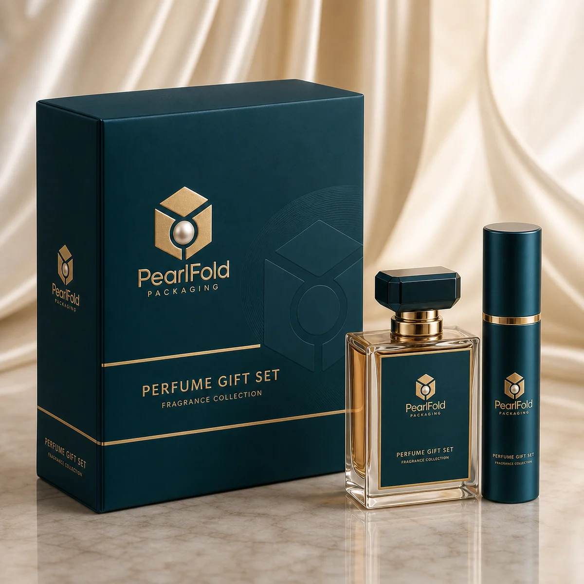 Custom perfume gift packaging shown from a three-quarter side angle