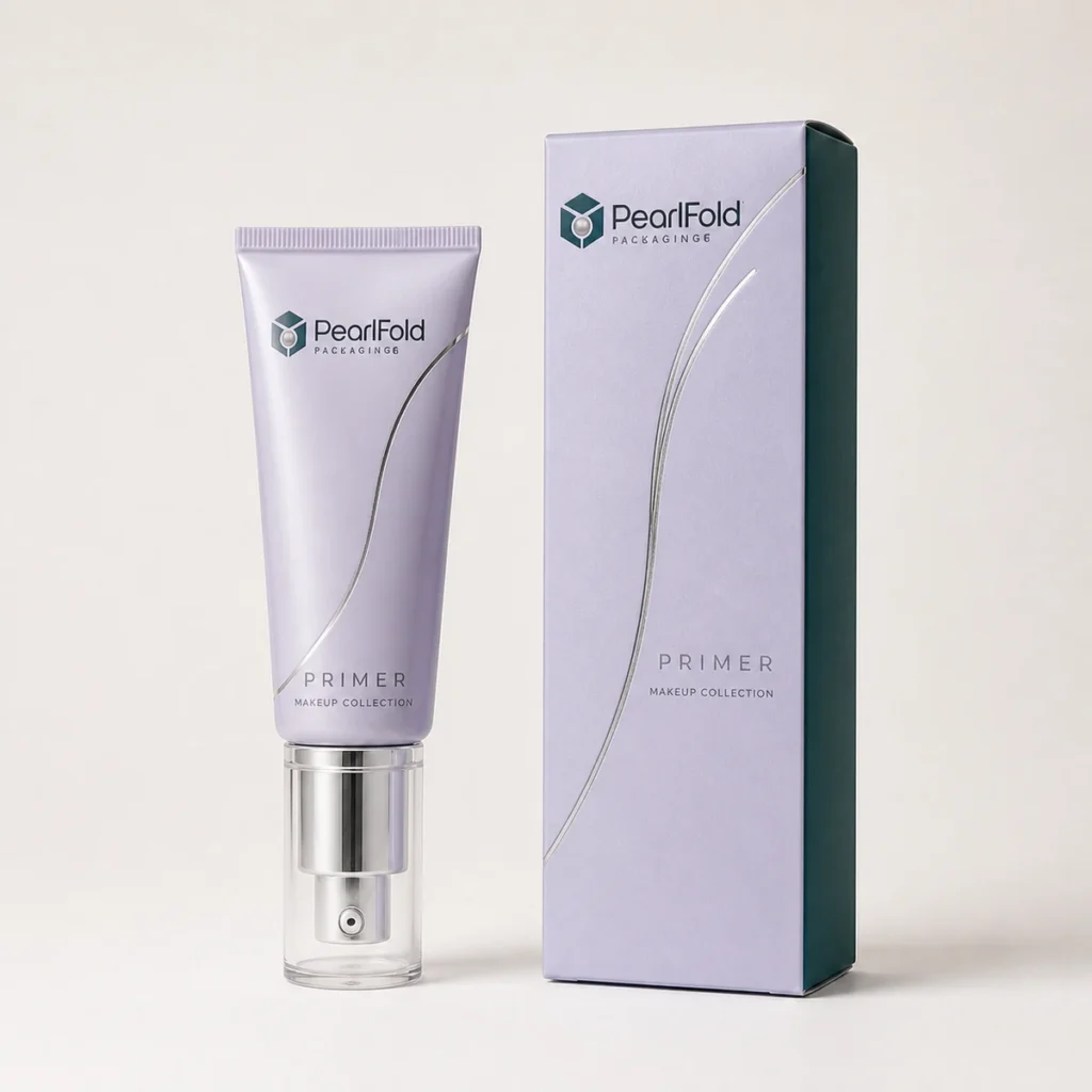 Custom primer box with matching product in a square studio photograph