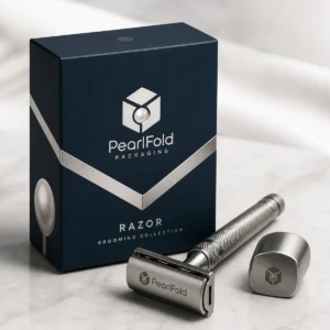 Custom razor box with matching product in a square studio photograph