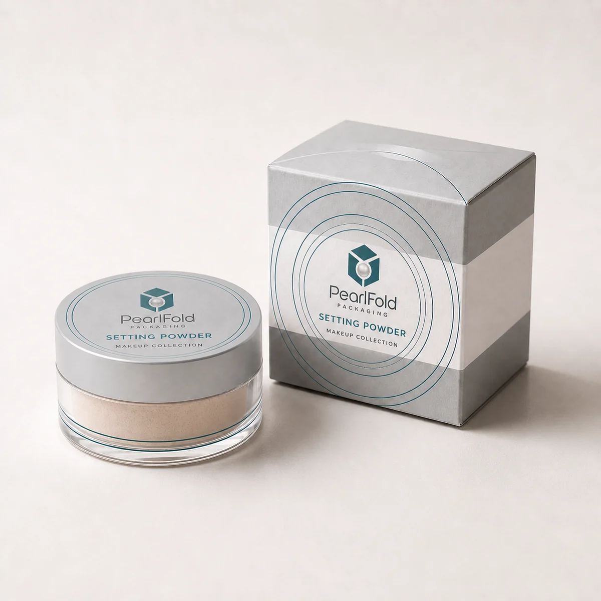 Custom setting powder packaging shown from a three-quarter side angle