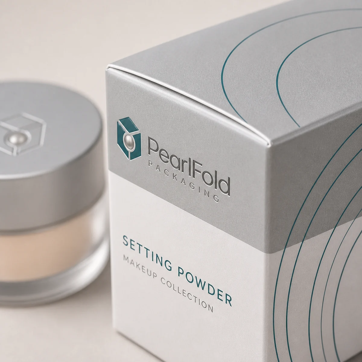 Close-up of custom setting powder box paper texture, print detail, and corner construction