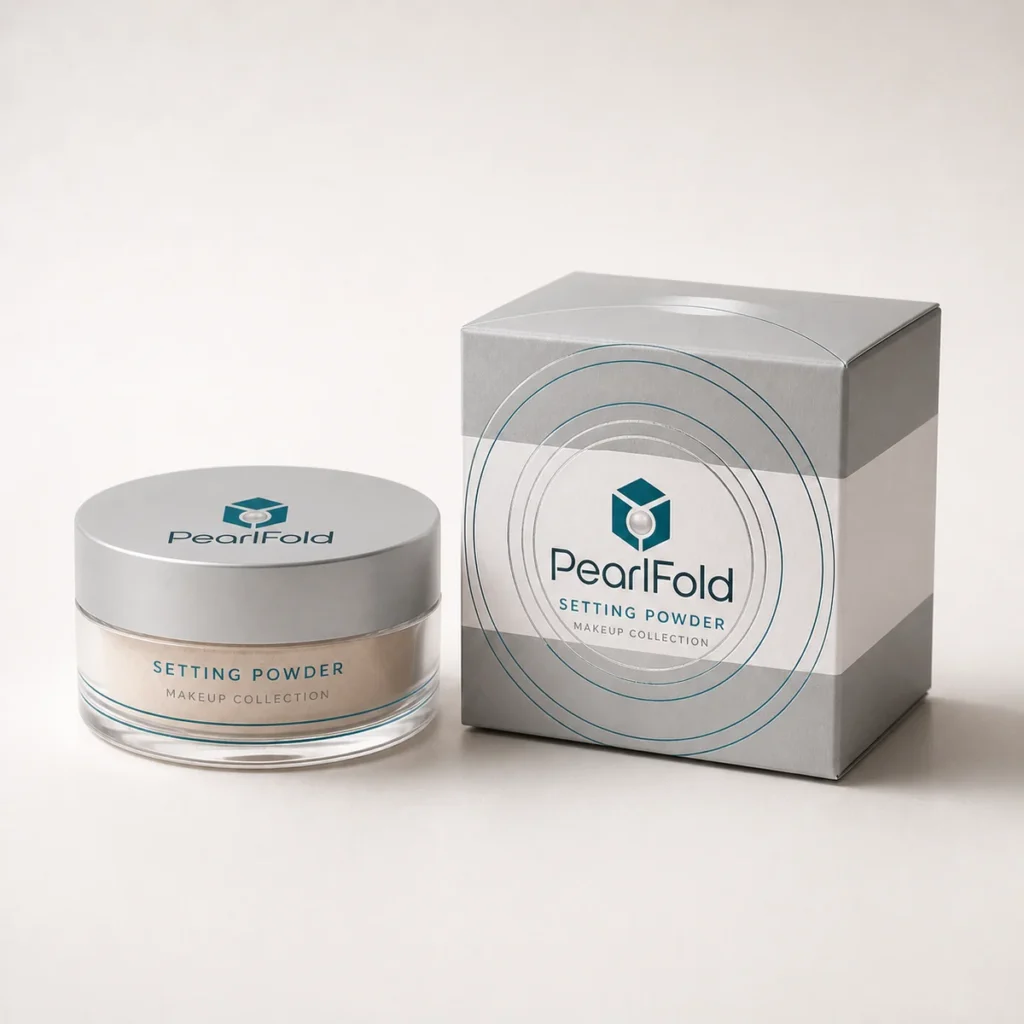 Custom setting powder box with matching product in a square studio photograph