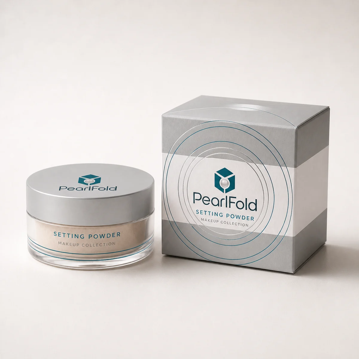 Custom setting powder box with matching product in a square studio photograph