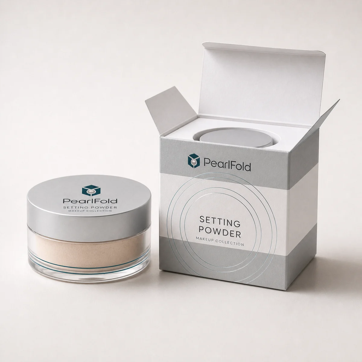 Open custom setting powder box showing its fitted insert and product presentation