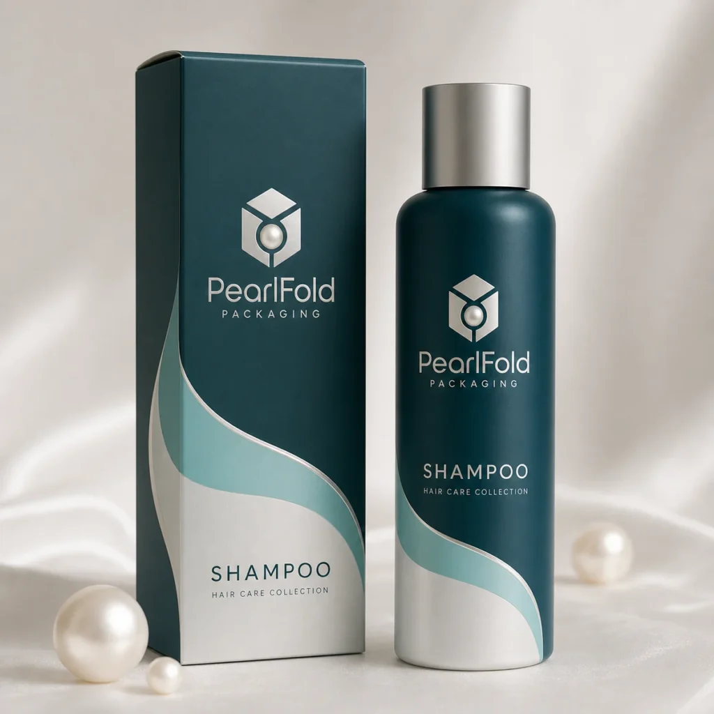 Custom shampoo box with matching product in a square studio photograph