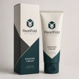 Custom shaving cream box with matching product in a square studio photograph