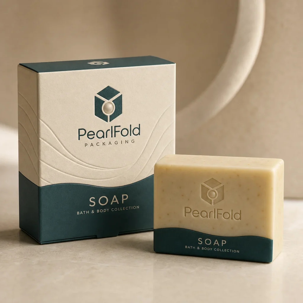 Custom soap box with matching product in a square studio photograph