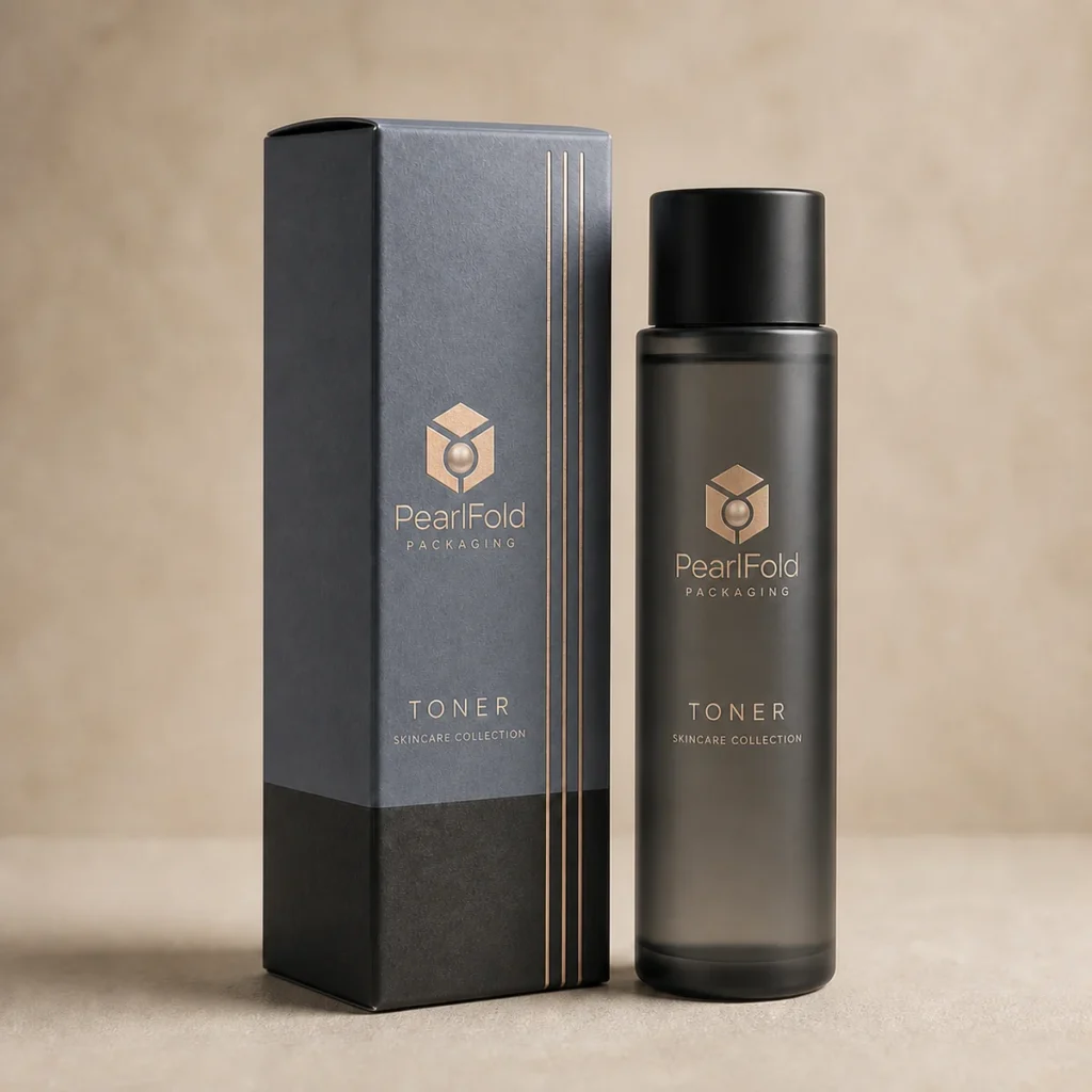 Custom toner box with matching product in a square studio photograph