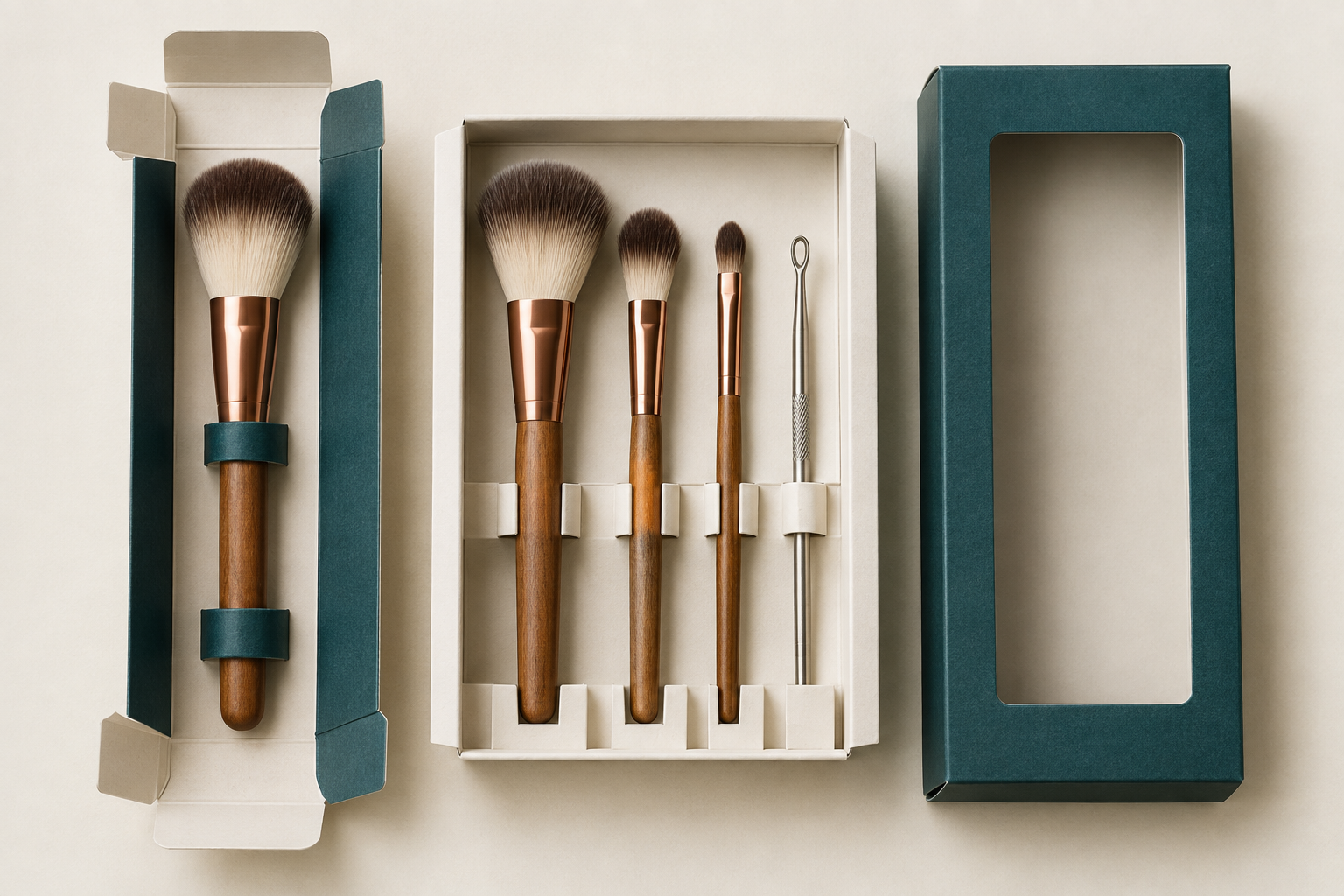 Single brush carton, multi-tool paperboard tray and window carton showing retention at handles while brush heads remain clear