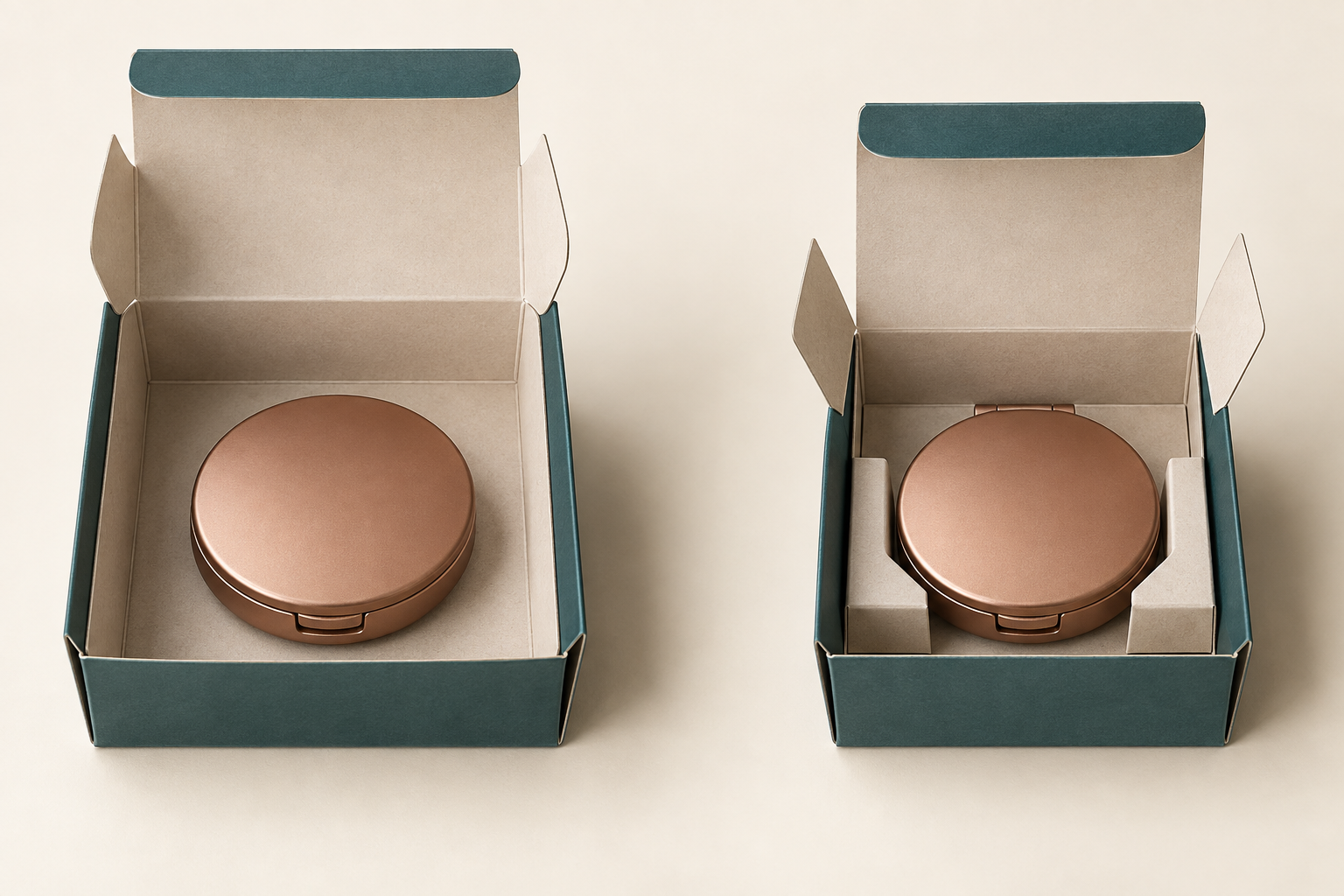 Side-by-side blush compact packaging comparison showing excess space and localized paperboard support around the compact body