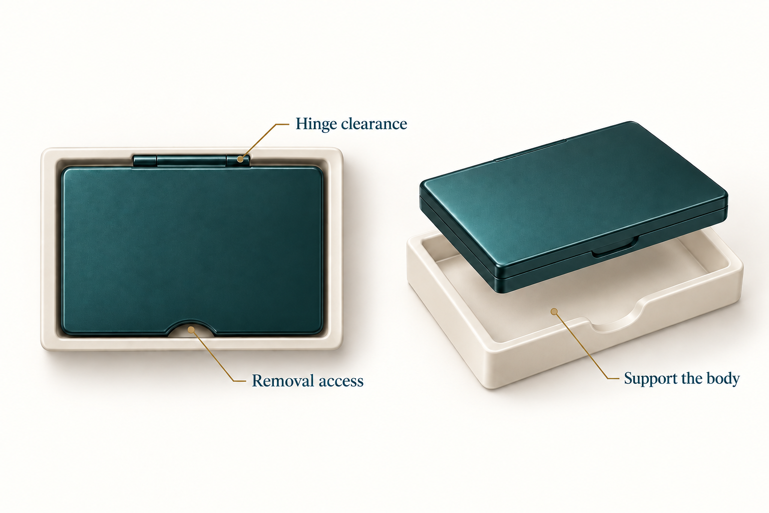 Closed eyeshadow compact in a conceptual tray, identifying hinge clearance, finger removal access and support beneath the body