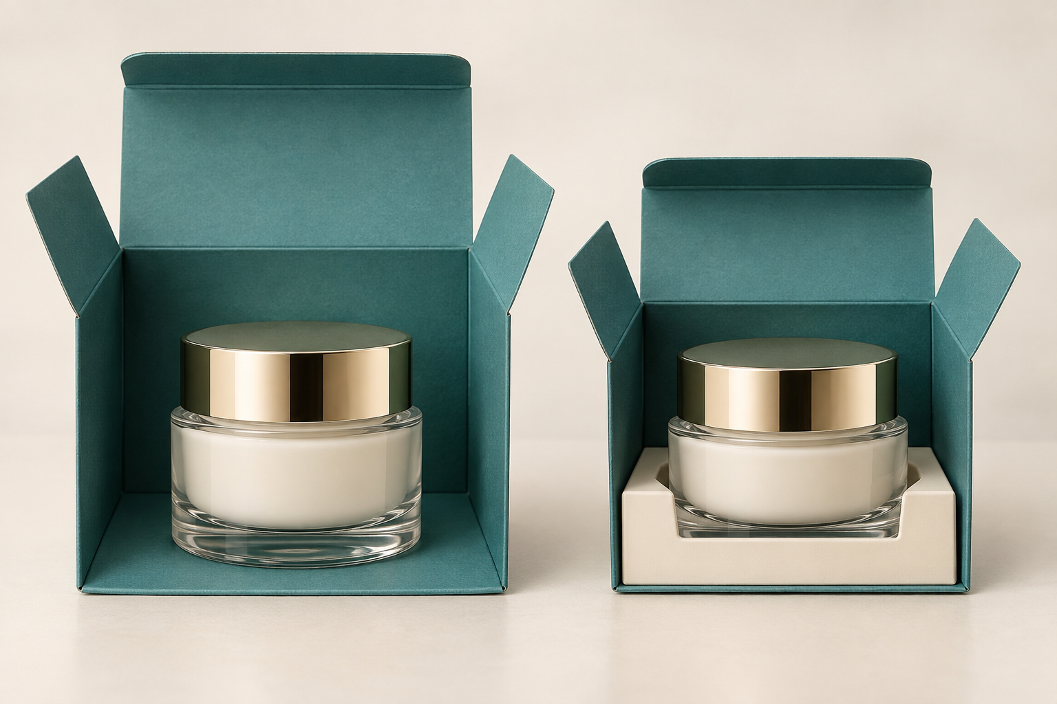 Same glass face-cream jar compared in an oversized carton and a compact carton with localized lower-body paperboard support