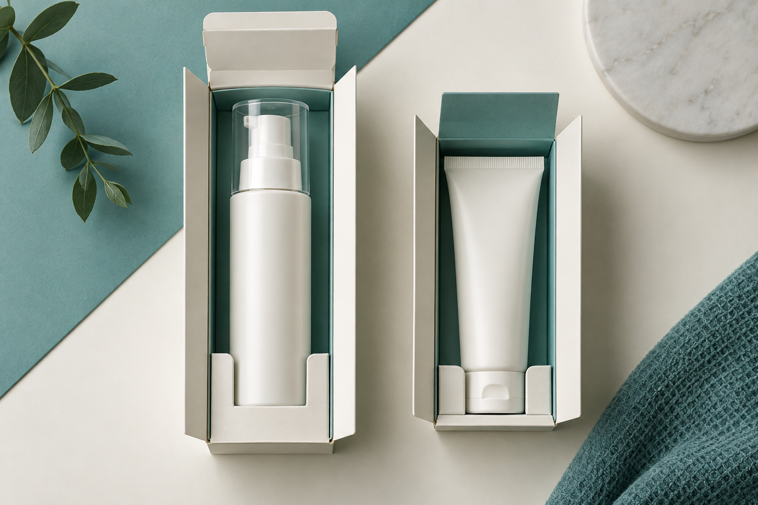 Facial cleanser pump bottle and filled tube in separate cartons with lower-body positioning and clear closure zones