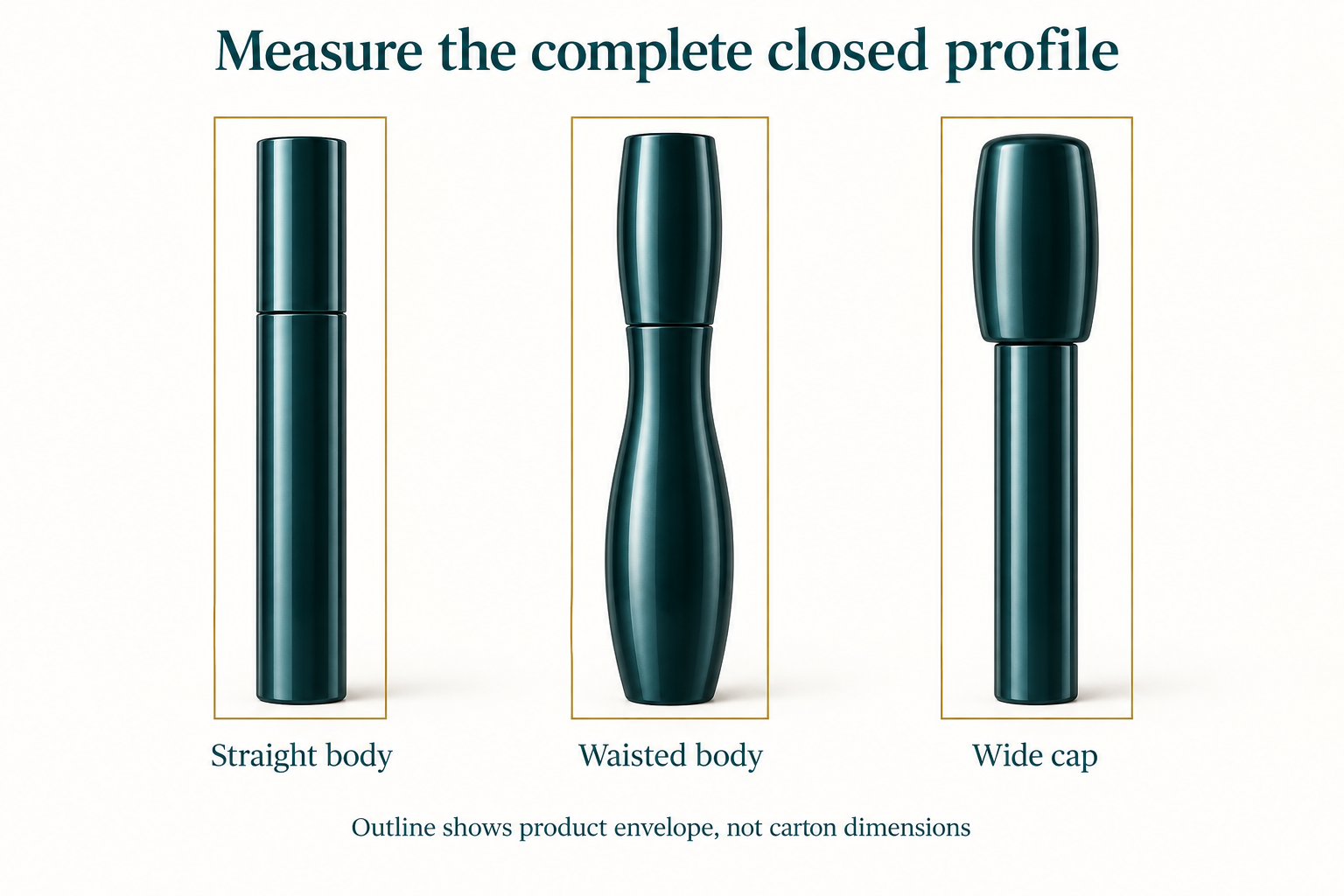 Closed straight, waisted and wide-cap mascara profiles within outlines representing their complete product envelopes